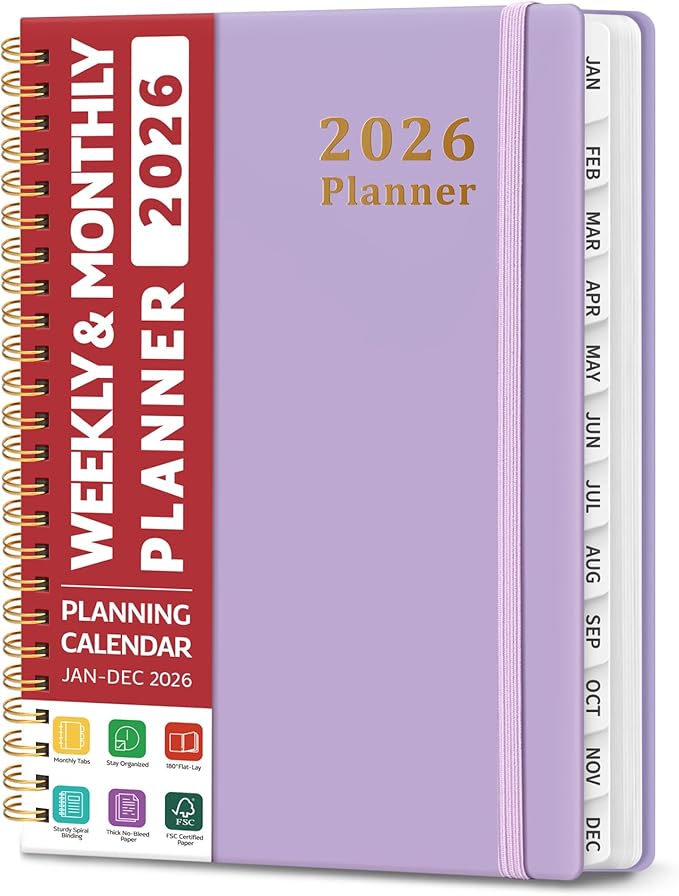 2026 Planner, Weekly and Monthly Calendar Planner, January 2026 - December 2026, Hardcover 2026 Calendar Planner Book with Tabs For Women & Men, Inner Pocket, Spiral Bound, Perfect for Office Home School Supplies - A5 (6.3" x 8.5"), Purple