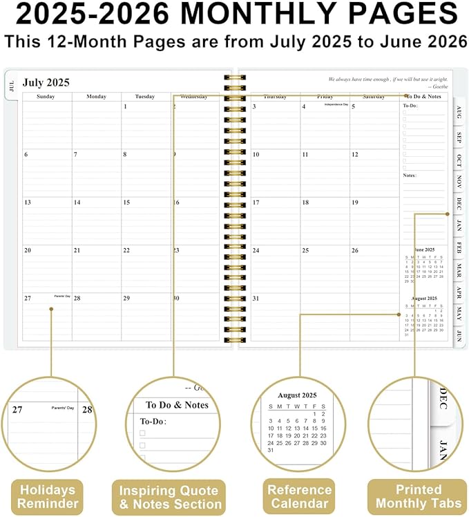 Planner 2025-2026 - Weekly & Monthly Planner from July 2025 to June 2026, Agenda 2025 2026 with Inner Pocket, Elastic Band, 8.5" x 11", Green Gold Leaf