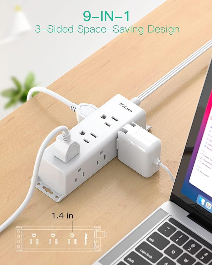 Surge Protector Power Strip - 9 Widely Spaced Multi Outlets, Wall Mount, 3 Side Outlet Extender with Extension Cord, Flat Plug, Overload Protection, Home Office Dorm Room Essentials (10FT, White)
