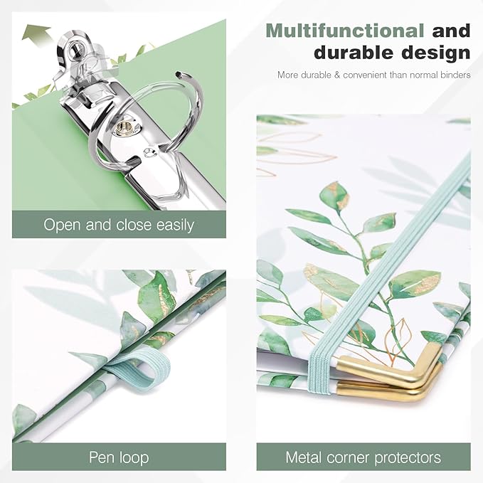 Ospelelf Mini Binder 3 Ring 1 Inch, Green Floral Round Ring Clipboard Binder with 5 Tab Dividers, for School and Office Supplies, Greenleaf