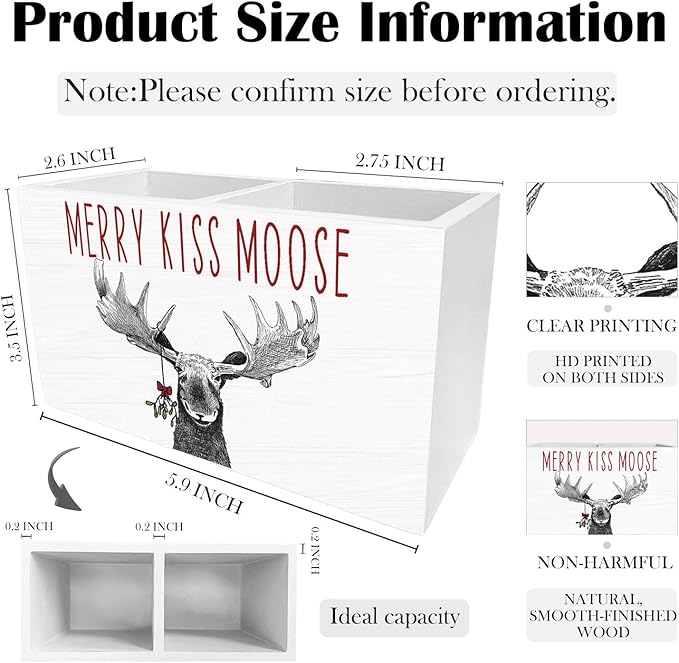 Christmas Funny Moose Pen Holder for Desk, Merry Kiss Moose Christmas Wooden Box Sign Desk Decor for Home Office Decoration, Holiday Xmas Deer Pencil Organizer, Elk Decor