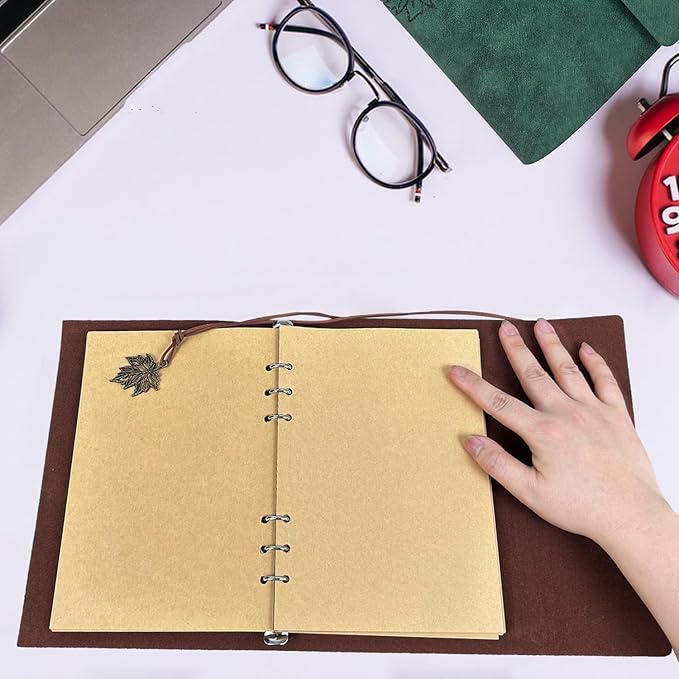 Leather Writing Journal Notebook,Classic Spiral Bound Notebook Refillable Diary Sketchbook Gifts with Unlined Travel Journals to Write in for Girls and Boys(Leaves,A6/Dark Green)
