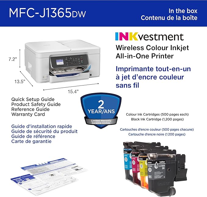 Brother INKvestment 1365 Wireless Color Inkjet All-in-One Printer with Automatic Duplex Printing and 1.8” Color Display | Includes Refresh Subscription Trial(1) (MFC-J1365DW)