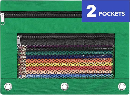 Pencil Pouch for 3 Ring Binder - 3 Hole Zipper Pen Case Bag Holder Bulk Accessories Clear Window Aesthetic Organizer Pockets (Green, 1)