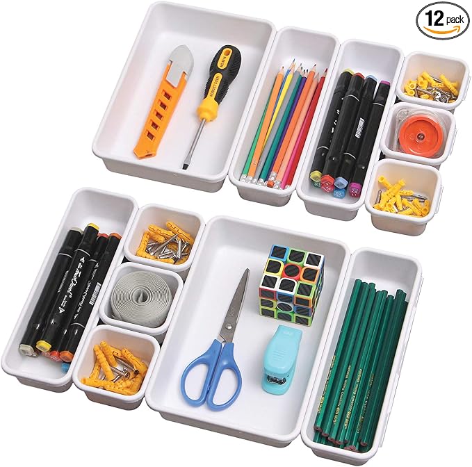Set of 12 Interlocking Desk Drawer Organizer Tray Dividers Plastic Shallow Narrow Drawers Organizers Separators Storage Bins Container for Kitchen Bathroom Makeup Office Vanity Bedroom Dresser White