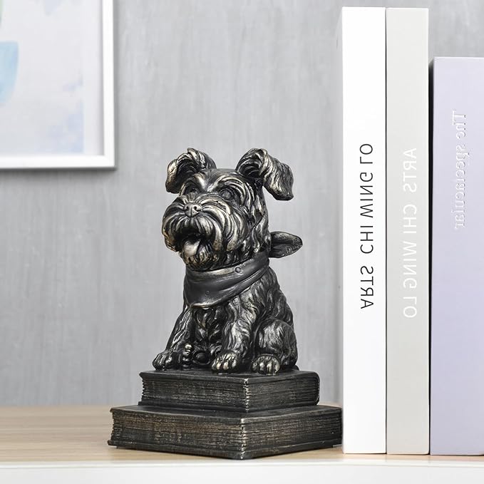Vintage Antique Dog Bookends,Decorative Book Ends for Shelves,Creative Resin Schnauzer Statues Book Holders for Desk Home Office Bookshelf Decoration,Gifts for Dog Enthusiasts