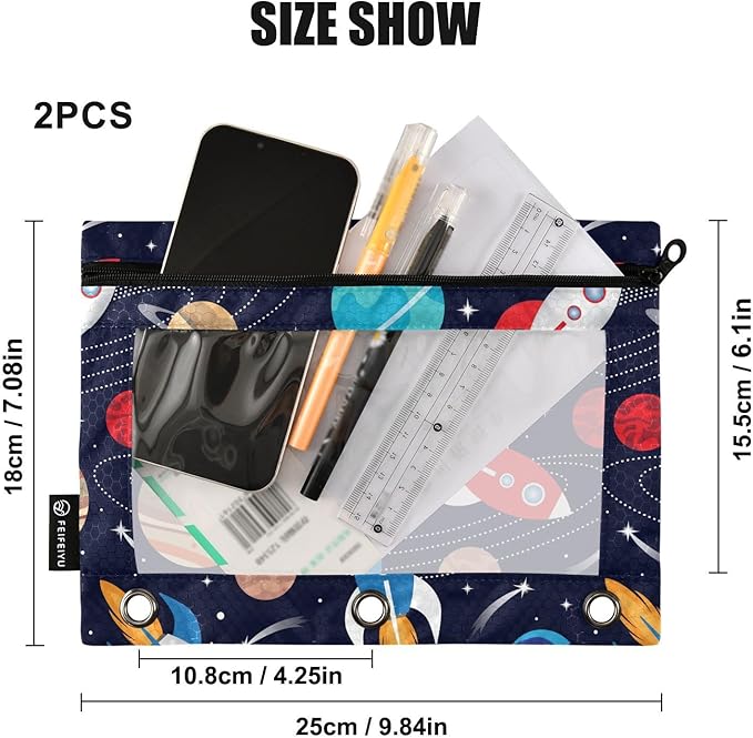 Space Cute Rockets Planets Pencil Pouch for 3 Ring Binder, 2 Pack Waterproof Pencil Bags Clear Window Zipper School Office Supplies