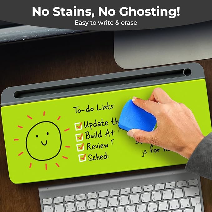 Chalkola Neon Green Glass Desktop Whiteboard with Storage - Dry Erase Board, Work Desk Organizers, Computer Keyboard Stand, Home Office Desk Accessories, Workspace Desktop Buddy + 3 Markers