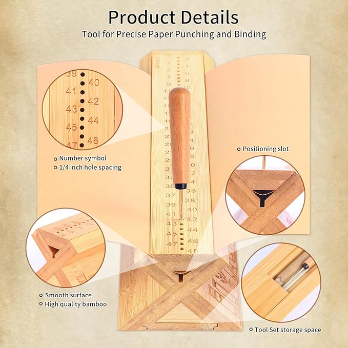 Bamboo Book Binding Kits with an Awl, Book Binding Cradle, Signature Punching Tools with Piercing Guide Book, Book Binding Materials, Bookbinding Supplies for DIY Bookbinding Crafts with Storage