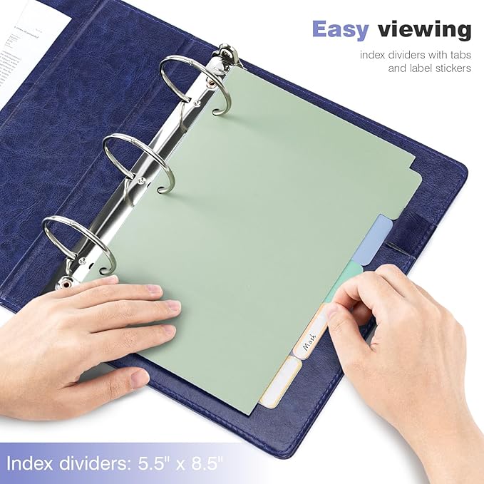 Ospelelf 2 Inch Mini Binder 3 Ring, Vintage Leather Clipboard Binders Dividers with Tabs 5.5" x 8.5", Professional Binder Organizer, Navyblue