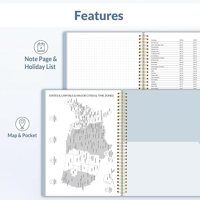 SUNEE 2026 Weekly and Monthly Planner - January 2026-December 2026, 8.5"x11" Half Weekly Half Note, Daily Agenda Planner with PVC Waterproof Cover, Monthly Tab, Note, Pockets, Bookmark, Blue