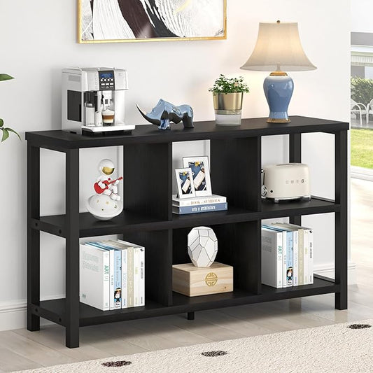 FOLUBAN Industrial 6 Cube Storage Organizer Bookshelf, Wood and Metal Cubby Bookcase, Horizontal Open Book Shelf for Bedroom Living Room, Black Oak, 47 Inch