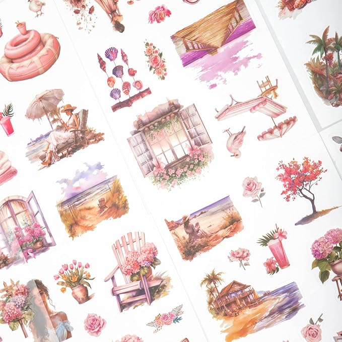Summer Theme Sticker Scrapbooking Supplies for Junk Journal, 20 Sheets PET Stickers - Vintage Journaling Stickers, Ephemera Sticker Book Pre Cut(TZ-006-001)