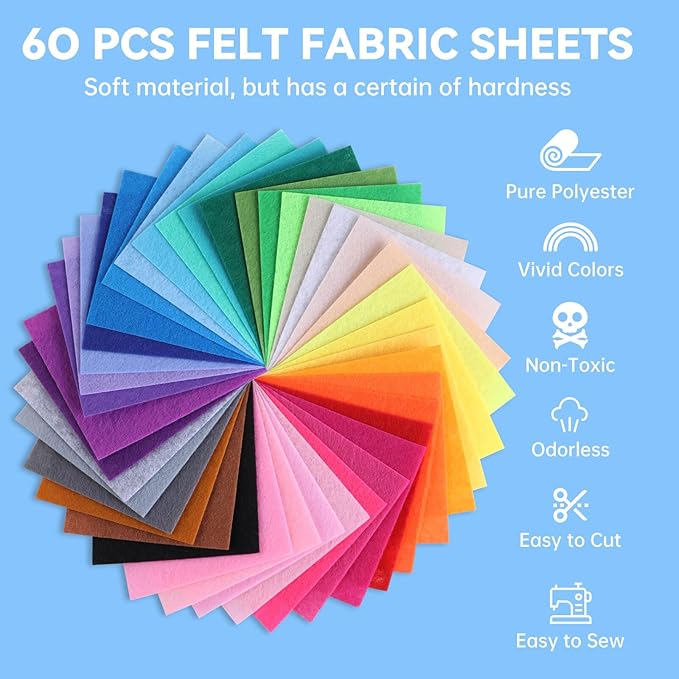 ABEJFIC 60PCS Felt Fabric Sheets Craft Kit - 4"x 4" + 4"x 6"+ 8"x 12" Assorted Colors - 1mm Thick Square Nonwoven Felt Fabric for Kids, DIY Sewing Crafts, Patchwork, School Projects, Decoration