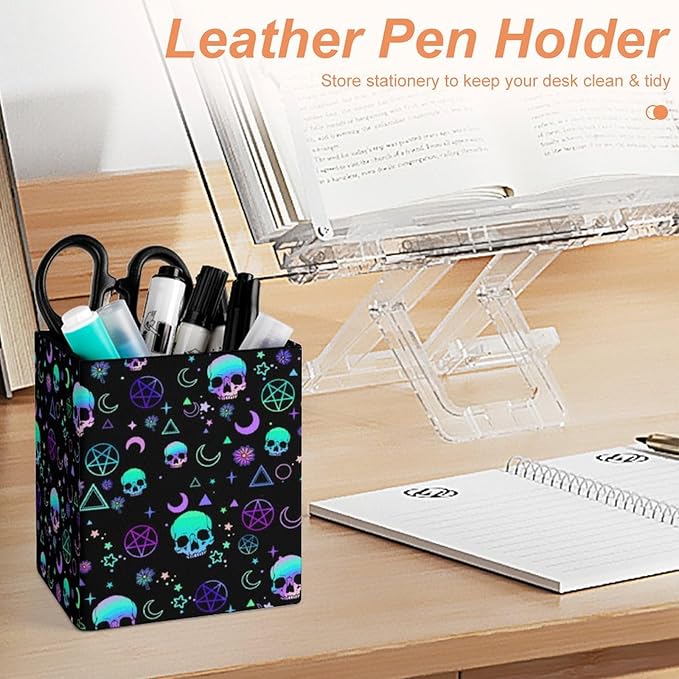 Square Pen Holder & Pencil Organizer for Desk - Office Storage Organizer, Markers/Makeup Brushes/Scissors Holder, Compact Desk Decor Accessories for Home Classroom School(Skull)