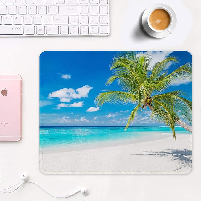 Auhoahsil Mouse Pad, 12 x 10 in Summer Beach Theme Computer Mouse Pad for Desk, Premium-Textured Non-Slip Rubber Stitched Edges Waterproof Square Mouse Mat for Gaming Work Wireless Mice, Blue