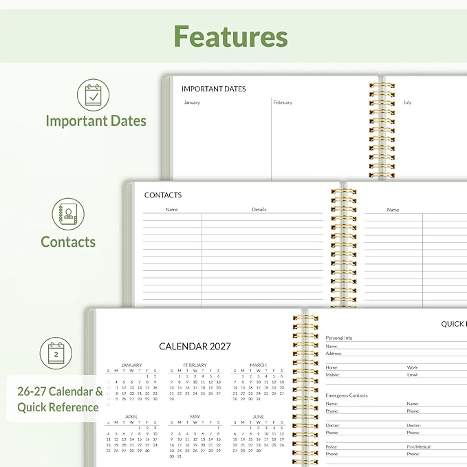 SUNEE 2026 Weekly and Monthly Planner - January 2026-December 2026, 8.5"x11" Half Weekly Half Note, Daily Agenda Planner with PVC Waterproof Cover, Monthly Tab, Note, Pockets, Bookmark, Green