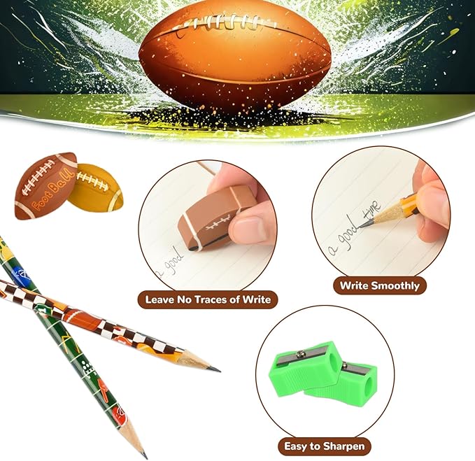 48 Pcs Football Pencils and Erasers for Football Theme Birthday Gifts Assortment Stationery Pencils for Students Office School Classroom Supplies.