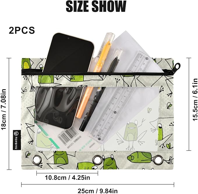 ZAZYXTJ Frog Binder Pencil Pouchs 3 Ring with Zipper Clear Window Office Organizers bag for School Students Teacher Supplies 2 Pack