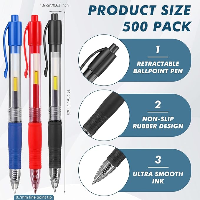 Jetec 500 Pcs Premium Gel Roller Pens Bulk, Fine Point 0.7 mm, Retractable Gel Ink Roller Ball Pens for Writing Journaling Taking Notes Office (Black,Blue,Red)