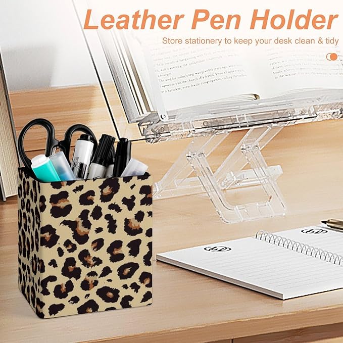 Square Pen Holder & Pencil Organizer for Desk - Office Storage Organizer, Markers/Makeup Brushes/Scissors Holder, Compact Desk Decor Accessories for Home Classroom School(Leopard grain)