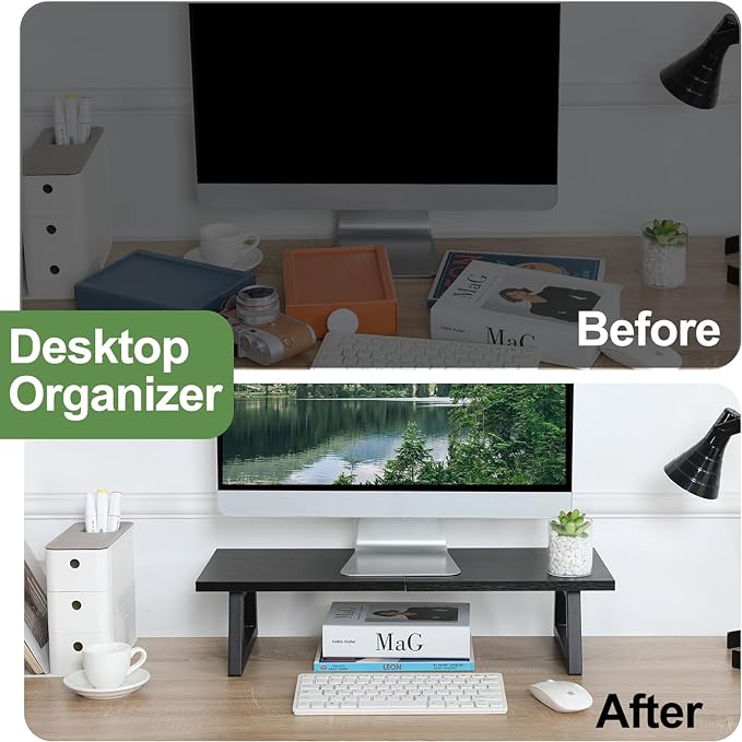 TEAMIX 24 inch Monitor Stand Riser, Black Wood & Steel Computer Monitor Stand with Storage, Laptop, PC, Printer Stand Riser for Desktop Office Desk Organizers