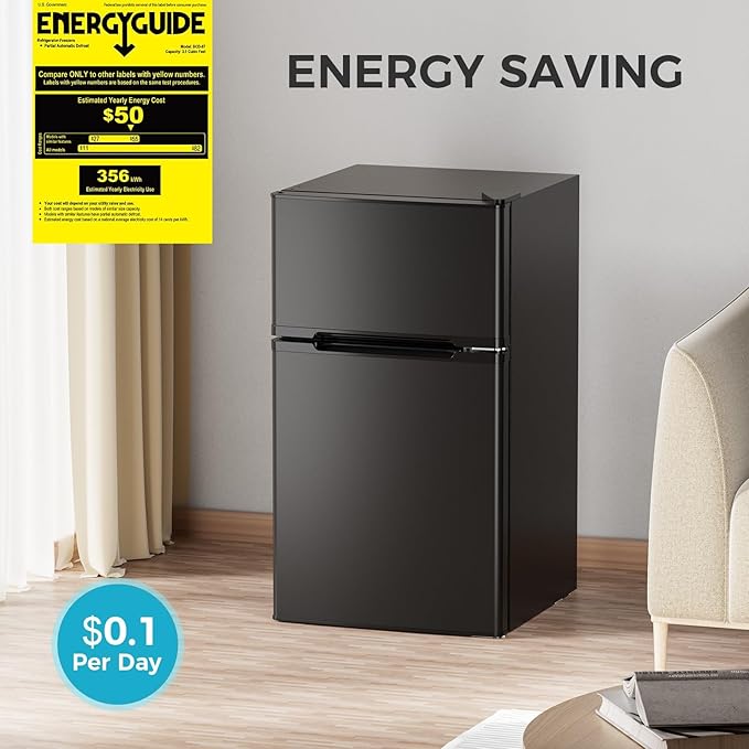 COWSAR 3.2 Cu.Ft Fridge with Freezer, Compact Refrigerator with 2 Doors for Bedroom/Dorm/Office/Apartment/Commercial, Adjustable Thermostat, Energy-efficient, Low Noise