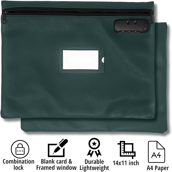 Notary Bag with Lock | 14x11 inch | Green | Zipper Notary Supplies Bag | Locking Notary Bag for Notary Kit, Stamp, Embosser, Ink Pad, and Valuables | Locking Document Bag | Journal Carrying Case