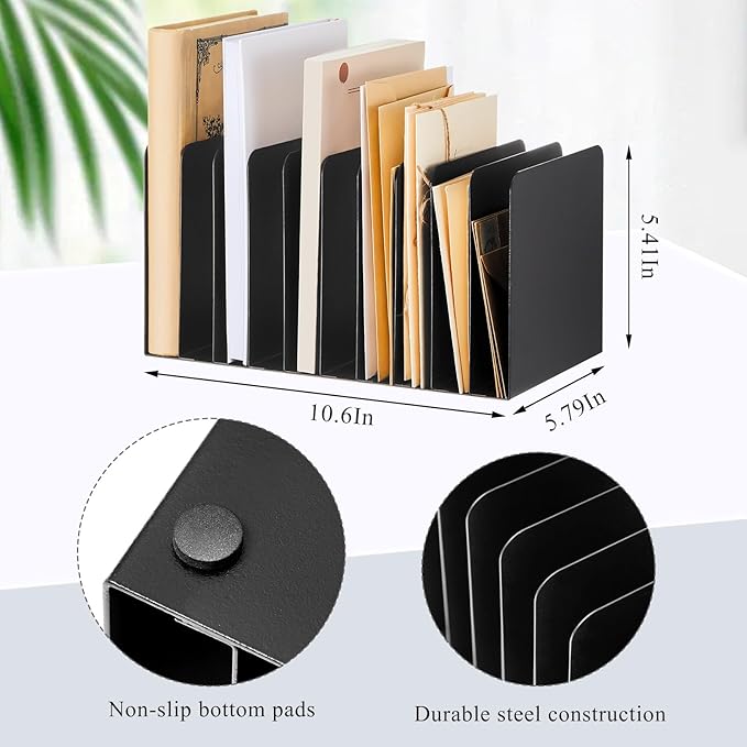 Suzile Metal Desk File Organizer 10 Compartments Metal Desktop Organizer File Sorter Office Organization File Holder for Home Classroom, Vertical File Organizer, 10.63" L X 5.79" W X 5.41" H