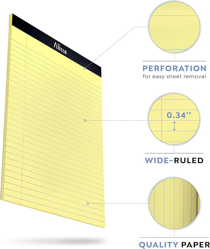 Yellow Legal Notepads 8.5 x 11, Pack of 3 - Perforated Wide Ruled Writing Pad - Premium Thick Paper, No Ink Bleeding - Blank Legal Pads For Home, Office, School, Business - 50 Sheets Per
