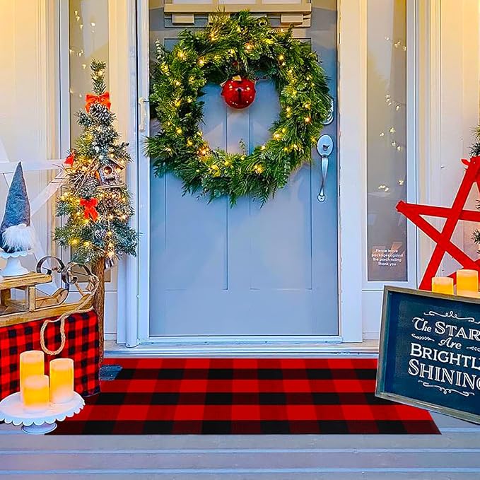 Ckorzen Red and Black Plaid Rug, 24" x 51" Christmas Front Porch Outdoor Rug, Handwoven Cotton Washable Rug for Layered Door Mats, Holiday Entryway and Home Décor