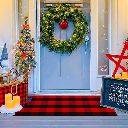 Ckorzen Red and Black Plaid Rug, 24" x 51" Christmas Front Porch Outdoor Rug, Handwoven Cotton Washable Rug for Layered Door Mats, Holiday Entryway and Home Décor