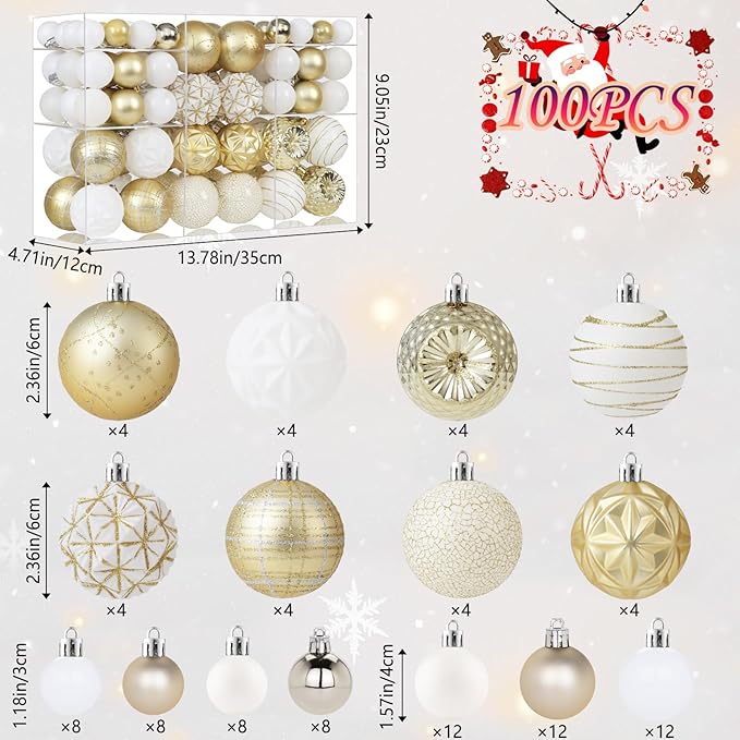 100ct White &Gold Christmas Ornaments Set, Shatterproof Luxury Xmas Tree Ornaments Decorations Collection, Hanging Plastic Christmas Balls for Holiday Party Wedding (White&Gold)