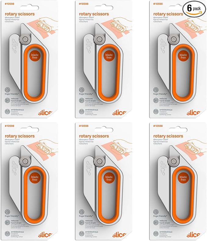 Rotary Scissors Cutting Tool by Slice, Bladeless Scissors, 10598 Ambidextrous Cutter Ideal for Cutting Gift Wrap, Gift Basket Cellophane, Paper 6 Pack, Model Number: 10598-CS