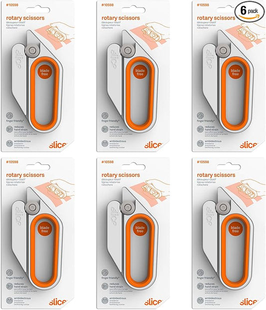 Rotary Scissors Cutting Tool by Slice, Bladeless Scissors, 10598 Ambidextrous Cutter Ideal for Cutting Gift Wrap, Gift Basket Cellophane, Paper 6 Pack, Model Number: 10598-CS