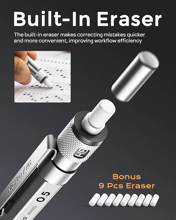 Nicpro Blocky Gear 0.5 mm Mechanical Pencil Set in Case, Metal Pencil with Lead Refills, Eraser for Professional & Adult Art Writing Drafting Drawing