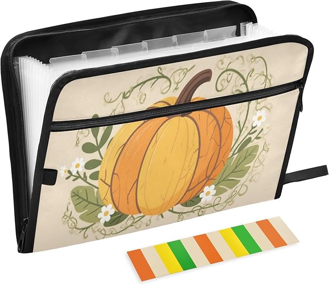 Orange Pumpkin and Leave Expanding File Organizer with 13 Pockets Accordion File Folders with Labels,Portable Document Paper Bill Receipt Organizer,Home College School Office Supplies, Letter S