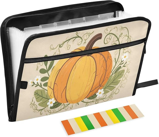 Orange Pumpkin and Leave Expanding File Organizer with 13 Pockets Accordion File Folders with Labels,Portable Document Paper Bill Receipt Organizer,Home College School Office Supplies, Letter S