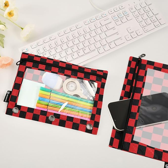 ALAZA Pencil Pouch for 3 Ring Binder, Red Black Checkered Plaid Binder Pencil Pouches with Clear Window Zipper Pencil Case Cosmetic Bags for Office College Supplies, 2PCS