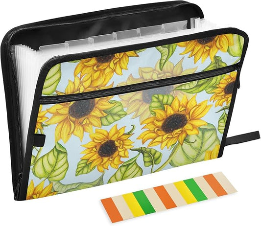 Expanding File Folder,13 Pocket Accordion File Folders with Sticky Labels, A4 Letter Size Paper Document Organizer with Zipper Closure for Office School,Hand Painted Sunflower