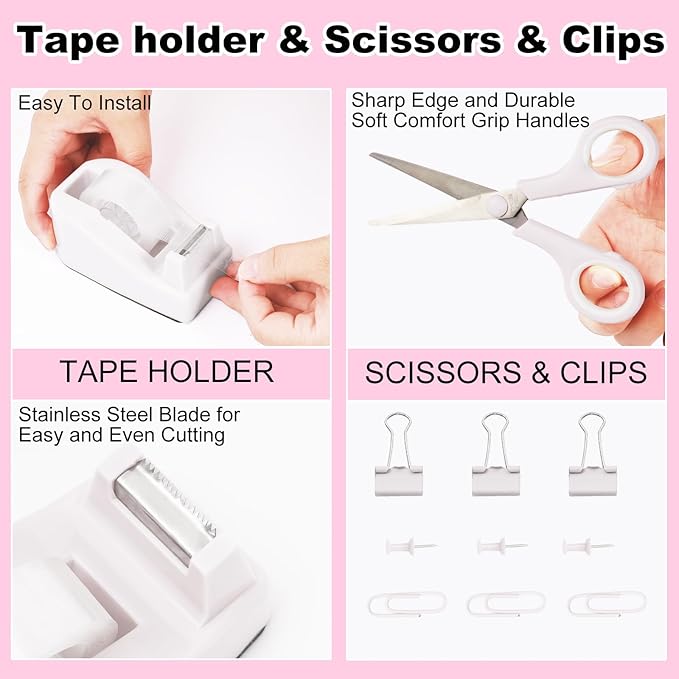 White Desk Organizers and Accessories 10Pcs Set with 360-Degree Rotating Pen Holder, Tape Dispenser, Stapler, Staple Remover, 1000 Staples, Tape, Clips Set, Ruler, Scissor, Pen (White)