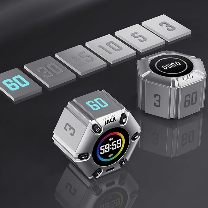 Jack Pomodoro Timer - Productivity Cube & Visual Focus Timer, Mute & Vibration & Adjustable Sound Alert, for Office, ADHD, Study & Work, 3/5/10/25/30/60min & Custom Countdown - Silver