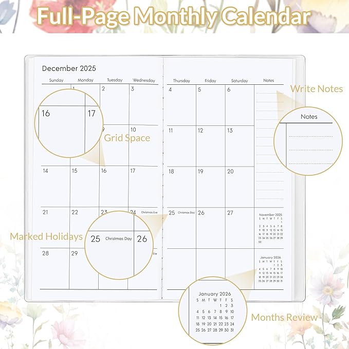 Pocket Calendar 2026-2027, Floral 2026-2027 Monthly Planner - 3.7" x 6.7" - Runs from July 2025 Until December 2027, 2026 Pocket Calendar with PVC Cover for Student, Women, Office Supplies