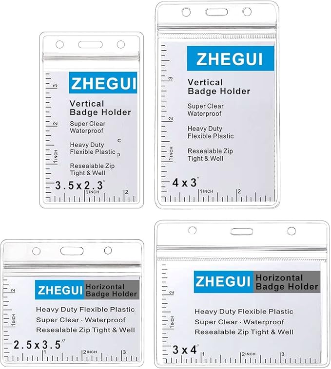 Vertical ID Badge Holder with Clip and Straps Heavy Duty Waterproof Ziplock Clear Plastic Name Tag Holder PVC ID Card Holders by ZHEGUI (25 Pack, Vertical 3.5X2.3)