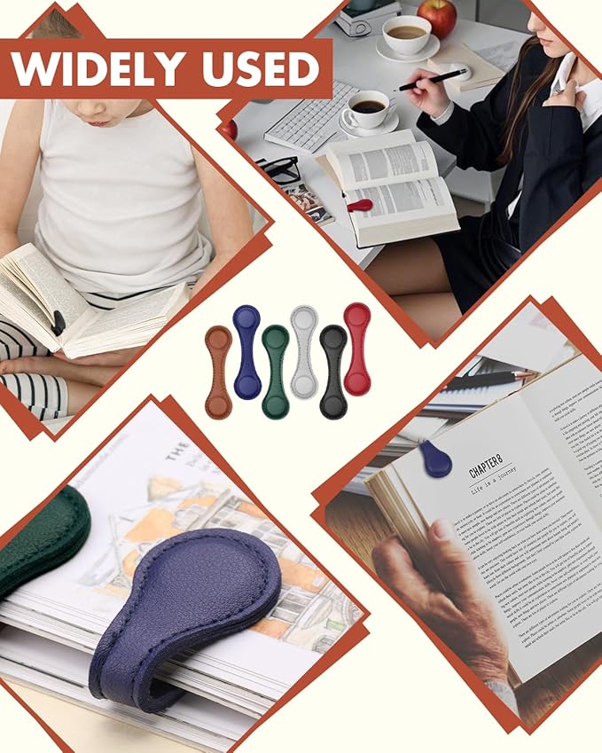 Magnetic Leather Bookmark, 6 PCS Colorful Leather Magnetic Bookmarks for Women Men, Double-Sided Magnetic Book Mark Clip for Book Lovers, Readers, Teachers, Students
