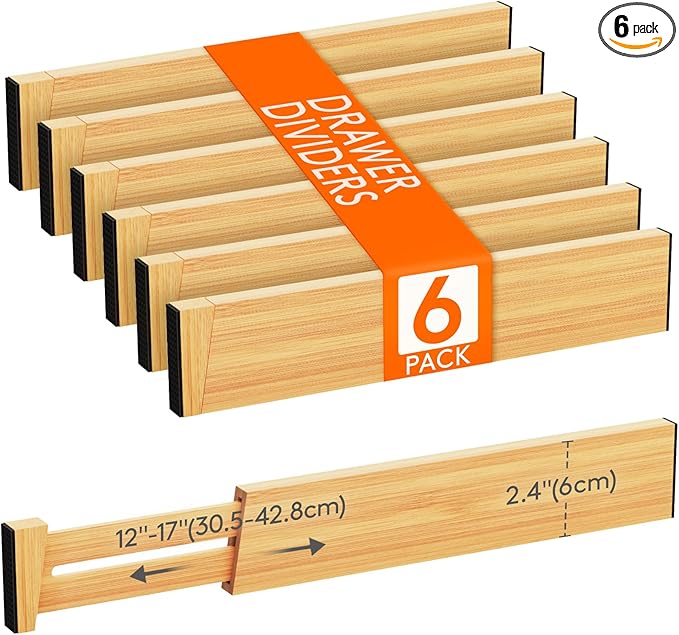 Lifewit 6 Pack Drawer Dividers Bamboo 2.4" High, 12-17" Adjustable Drawer Organizers for Clothes, Wooden Dresser Separators in Bedroom/Bathroom/Kitchen/Fridge/Office Organization and Storage