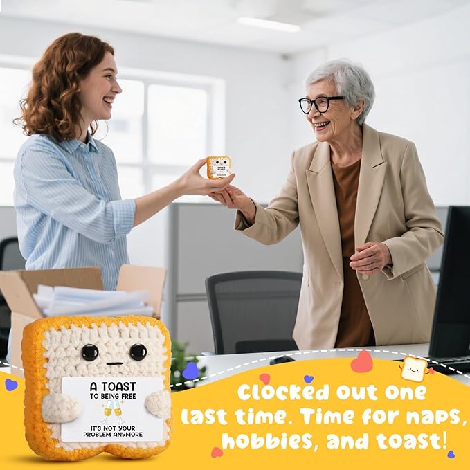 Crochet Toast “A Toast to Being Free” Plush – Funny Celebration Gifts for Woman Men Best friend Coworker “It’s Not Your Problem Anymore” Card for Leaving Workor, Retirement, Divorce, Graduation Gift