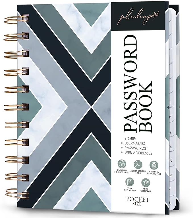 PLANBERRY Password Book Premium – Small Internet Address Organizer with A-Z Tabs – Pocket Website Password Keeper with Alphabetical Tabs – 4.7x5.7″, Hardcover (Emerald)