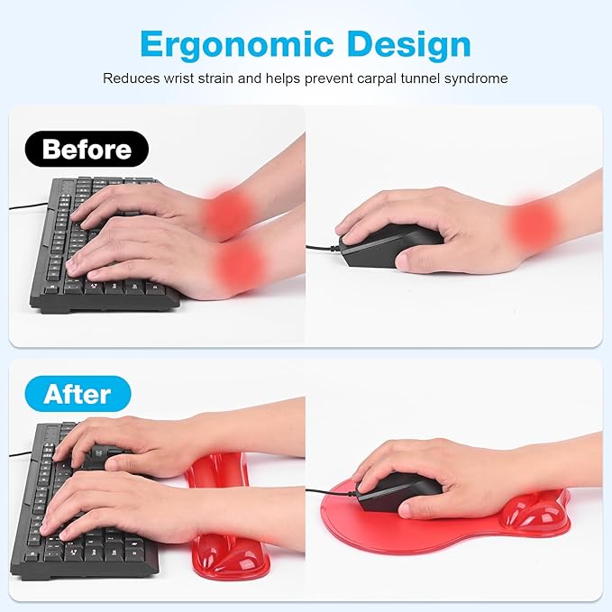 Gel Mouse pad & Keyboard Wrist Rest Set, Ergonomic Keyboard and Mousepad with Wrist Support, Keyboards Wrist Rest, Computer Keyboards Pad, Cooling Gel Red