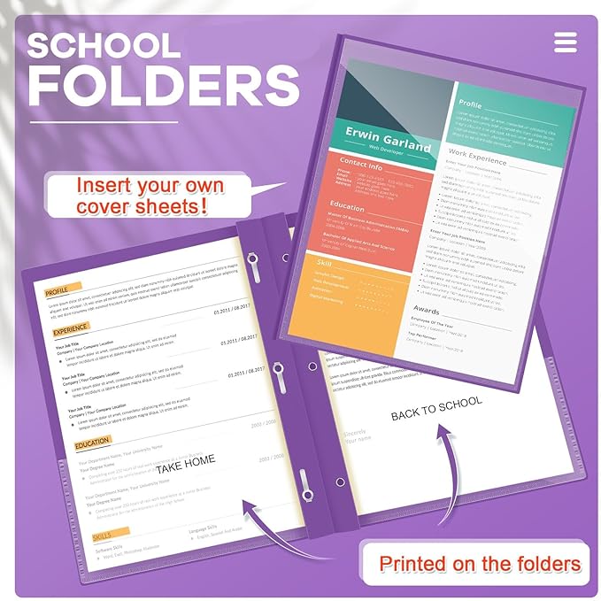 Henoyso 72 Pcs Plastic Folders with Clear Front Pocket and 3 Prong Take Home Plastic 2 Pocket Folder Back to School for Students Parent Teacher Communication for School Office (Purple)